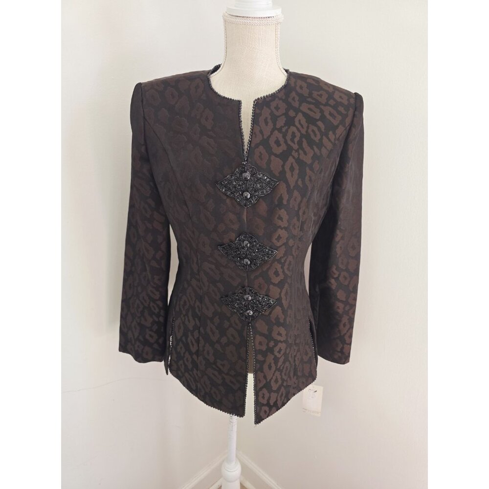 Vintage Leopard Cheetah Beaded Brown Brocade Jacket Top 10 M Asian Long Sleeves
